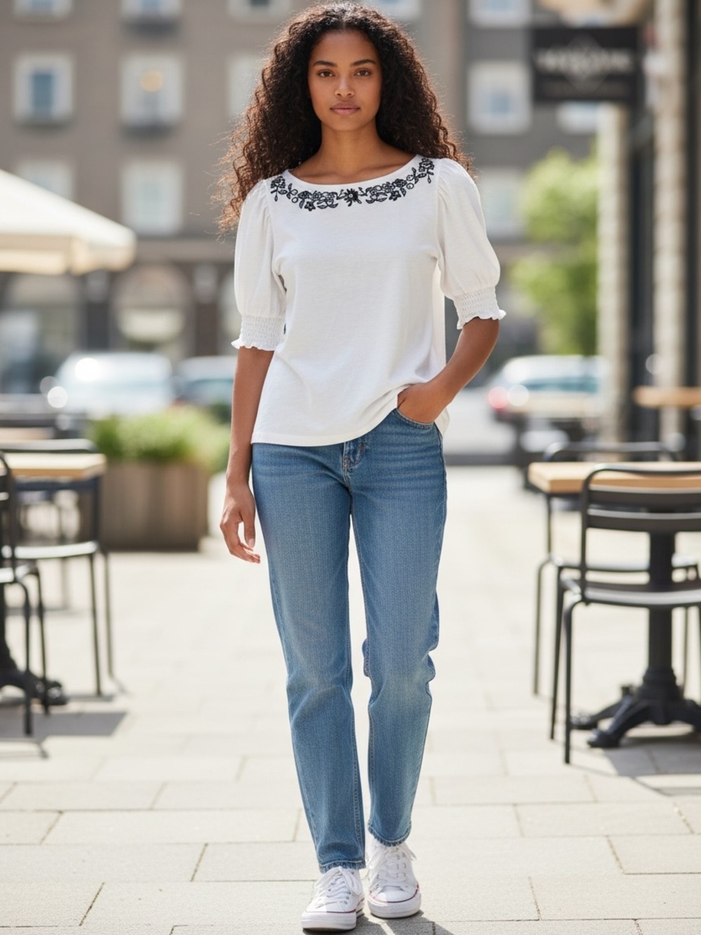 LOFT White Embroidered Puff Sleeve Top Cottagecore Peasant Blouse